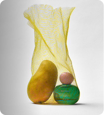 Abstract 3D artwork featuring a yellow mesh-like vase surrounding colorful sculptural forms in orange, green, and purple.