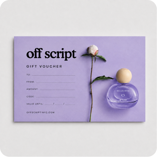 A lavender gift voucher card with 'off script' printed in black, styled with a single white rose bud and a purple perfume bottle on a light gray background.