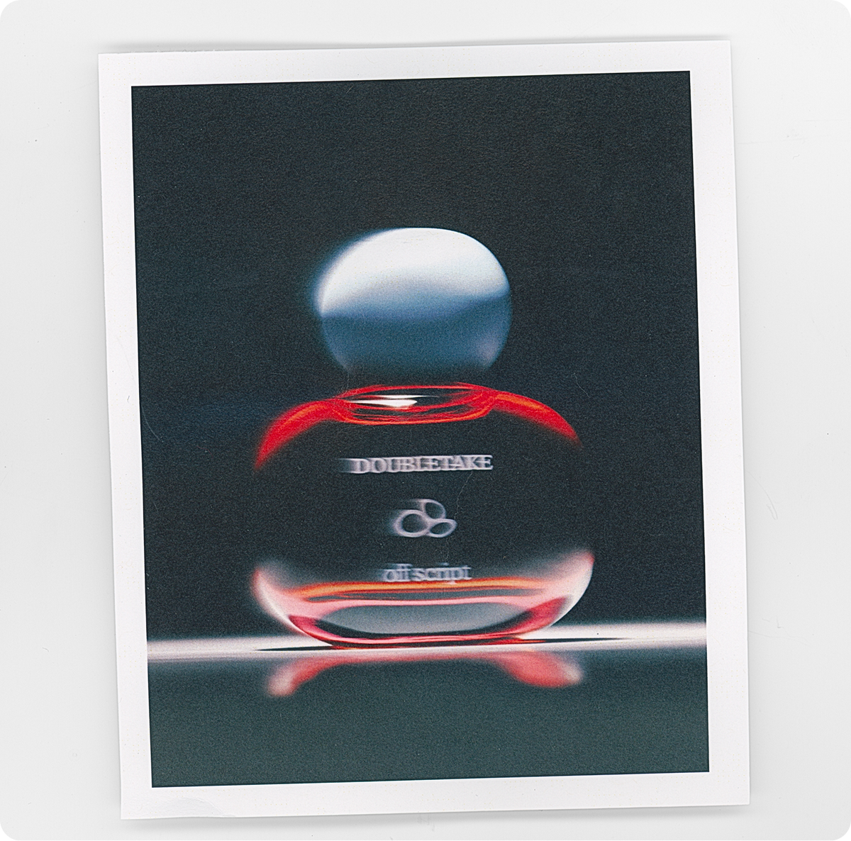 A square art print featuring a stylized perfume bottle labeled 'DOUBLEFAKE' and 'eli script', shown with a white border on a light gray background.